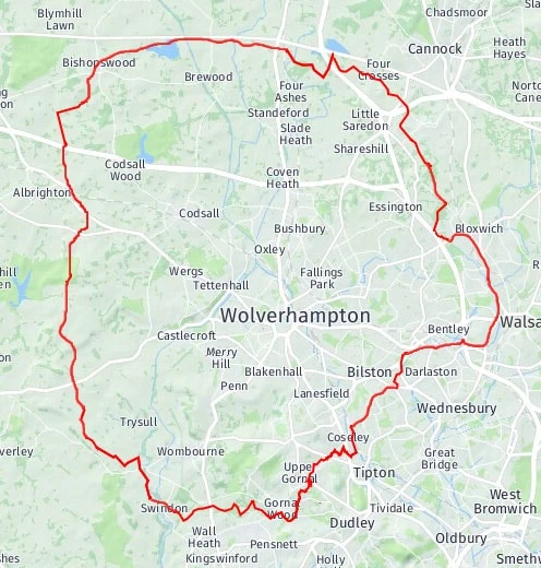 map showing main areas covered by Sincerity Funerals Funeral Director Wolverhampton