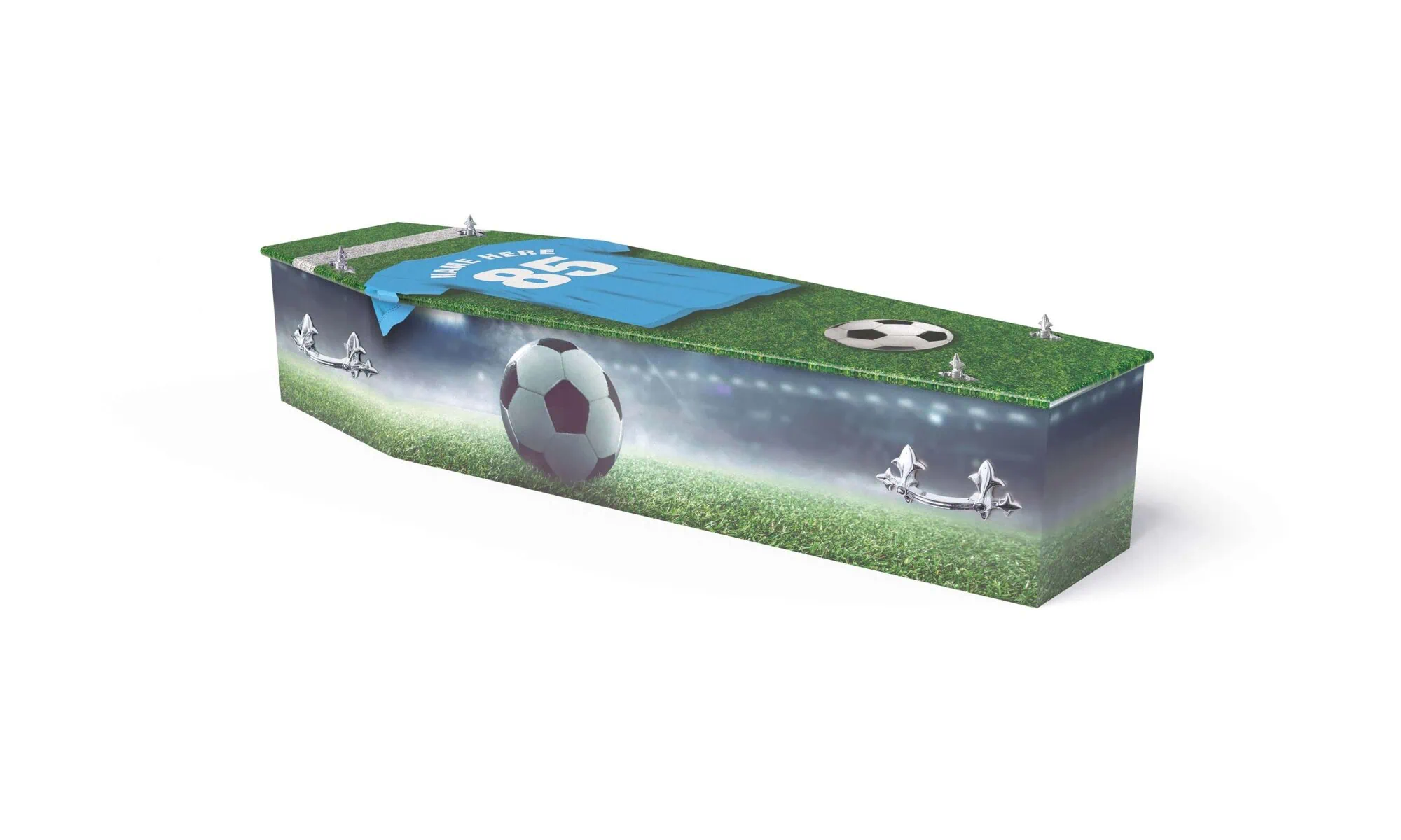 Sincerity-Funerals-Colourful - Football-WEB Bright and colourful football theme printed coffin