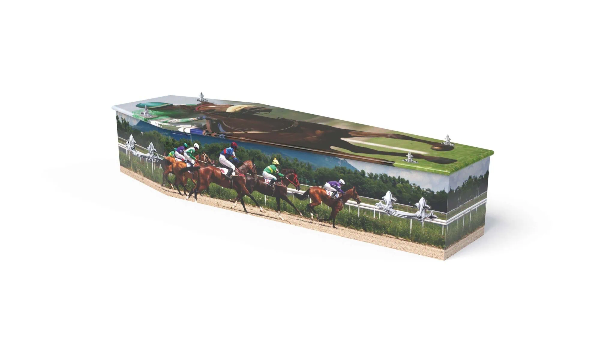 Sincerity-Funerals-Colourful - Racing-WEB Bright and colourful horse racing theme printed coffin