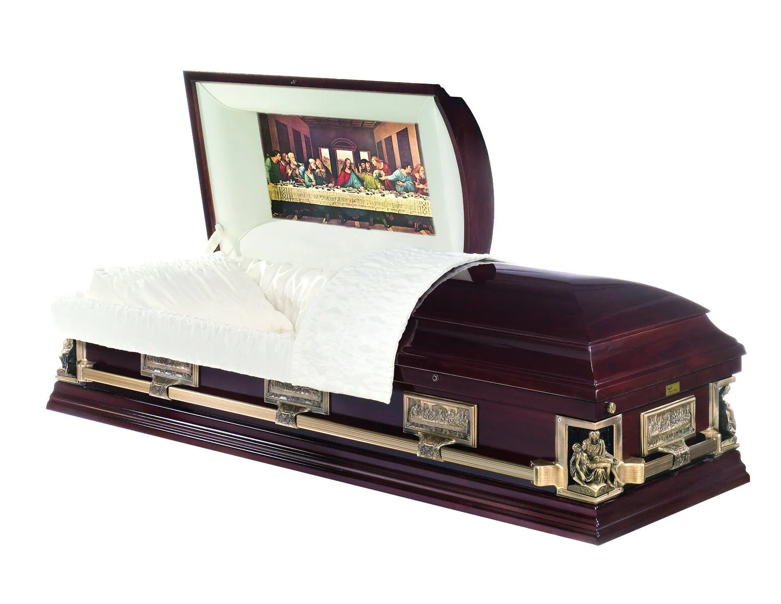 Sincerity-Funerals-Corpus Christi-WEB Solid poplar casket with highly polished finish. Featuring images of the Last Supper by Leonardo da Vinci