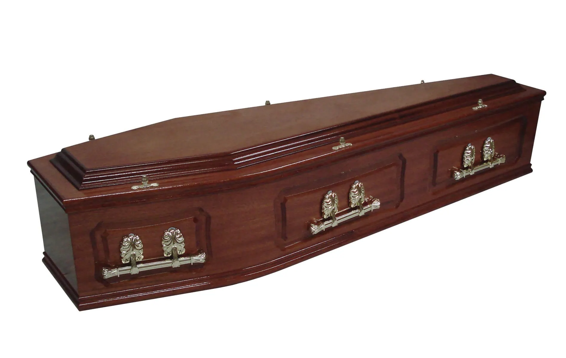 Sincerity-Funerals-The Habberley-WEB Solid mahogany coffin with routered piquet side panels, double moulds and No.2 deep raised lid, finished in mid Mahogany stain.