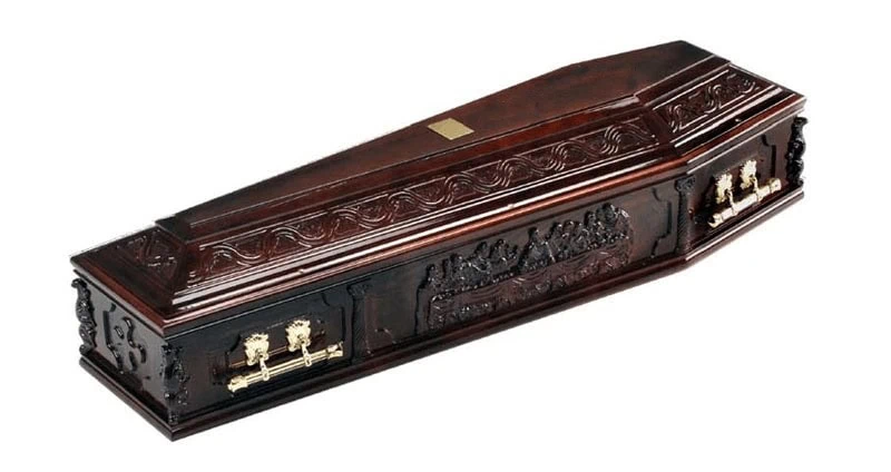 hand carved coffin depicting The Last Supper