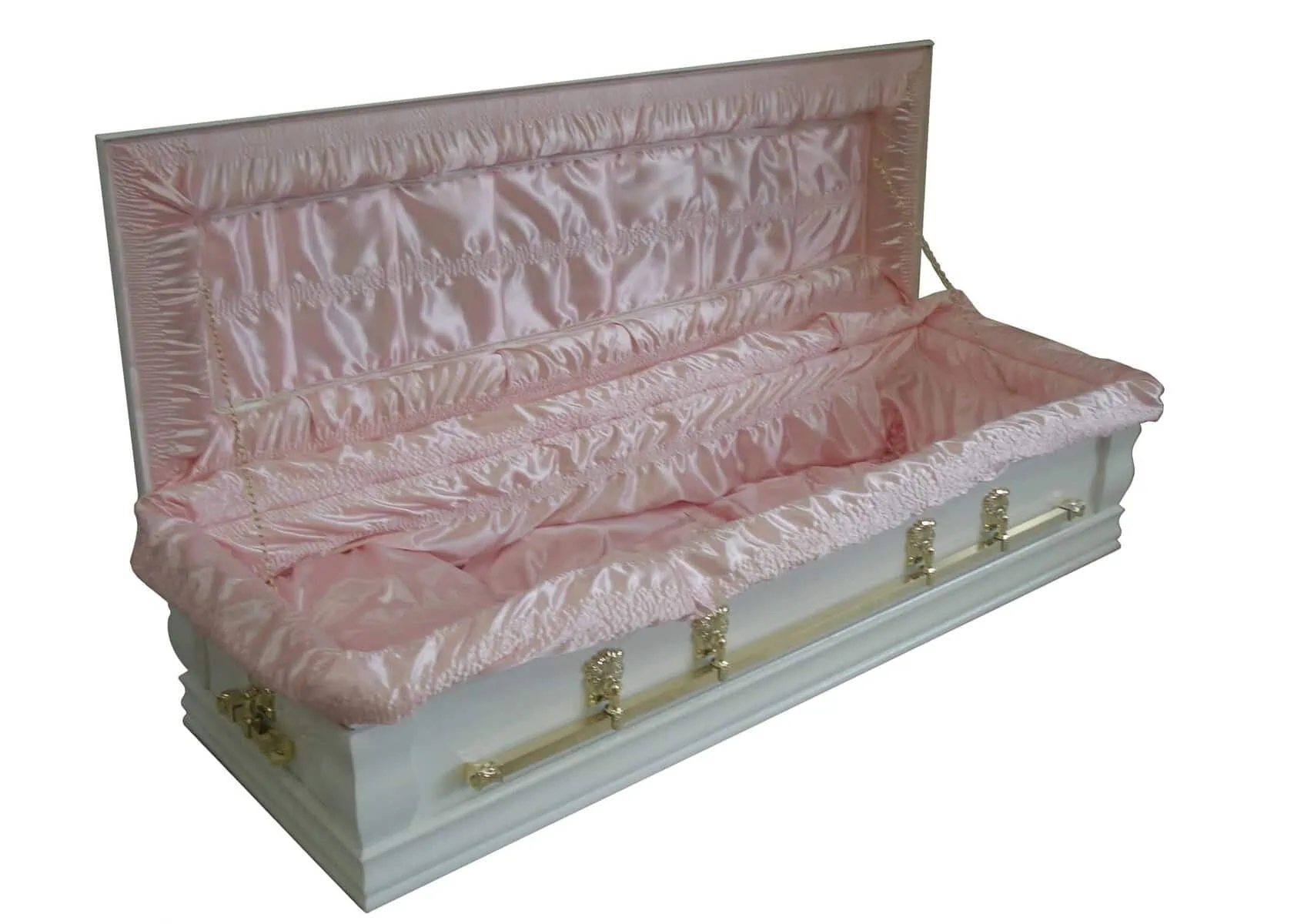 Sincerity-Funerals-The Norton-WEB Veneered casket with deep solid wood moulds, carved ornate corner pillars and raised lid. Finished in white gloss or stain.