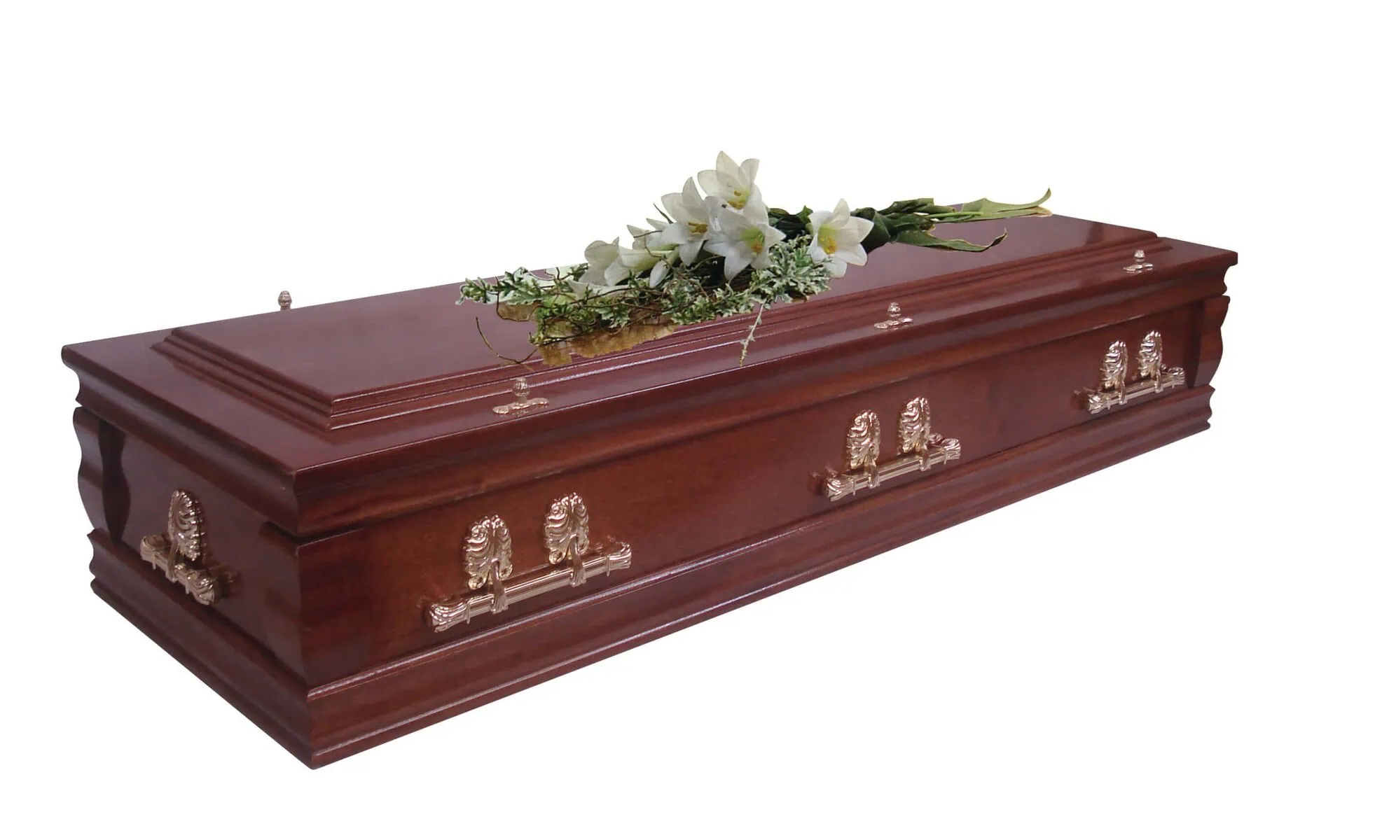 Sincerity-Funerals-The Padbury-WEB2 Veneered mahogany casket with deep solid wood moulds, carved ornate corner pillars and raised lid. Also available in solid mahogany.