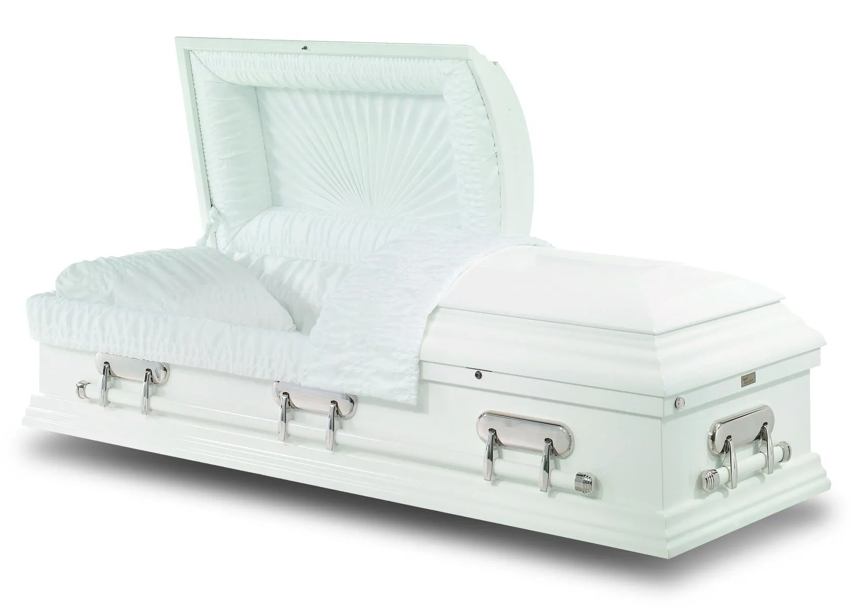 Sincerity-Funerals-The Shawbury-WEB Pure white casket with a high gloss finish. With matching bar handles and mirrored handle supports. Fitted with crepe interior and sunburst pattern in the inside of the lid.