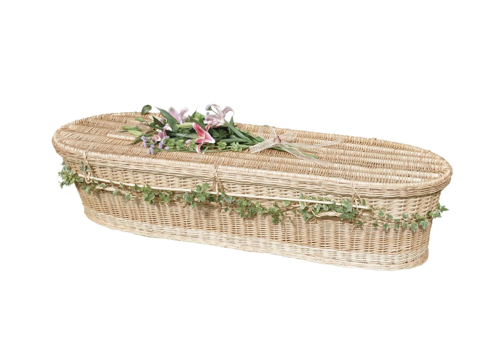 Sincerity-Funerals-The White Willow Oval Shaped-WEB2 Oval shape natural willow coffin with woven handles.